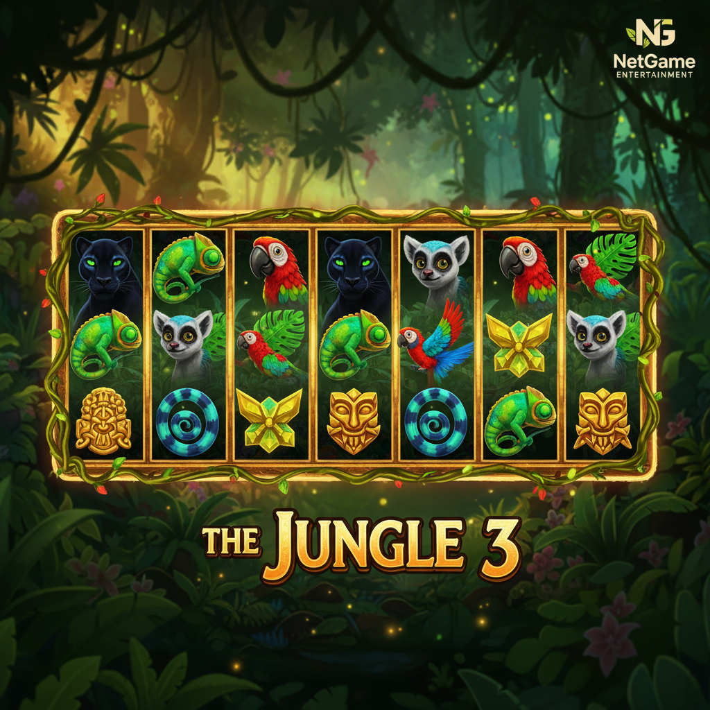 The Jungle 3 slot machine by NetGame Entertainment showing seven reels with tropical animal symbols including panthers, chameleons, lemurs and parrots set against a dense Madagascar rainforest backdrop